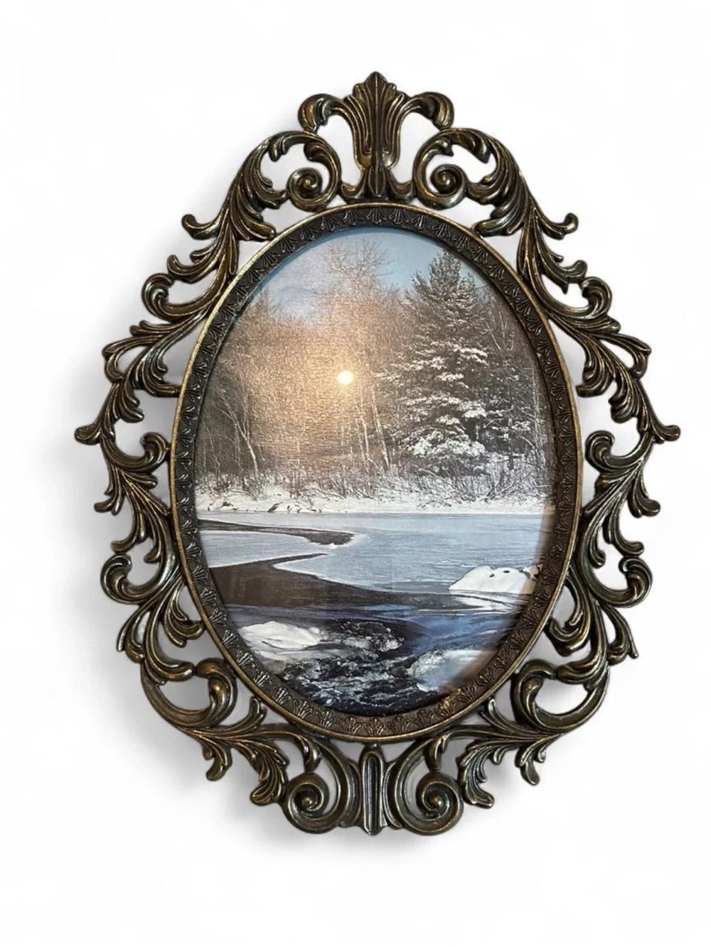 Vintage Italian Ornate Bronze-Tone Oval Wall Frame with Winter Landscape